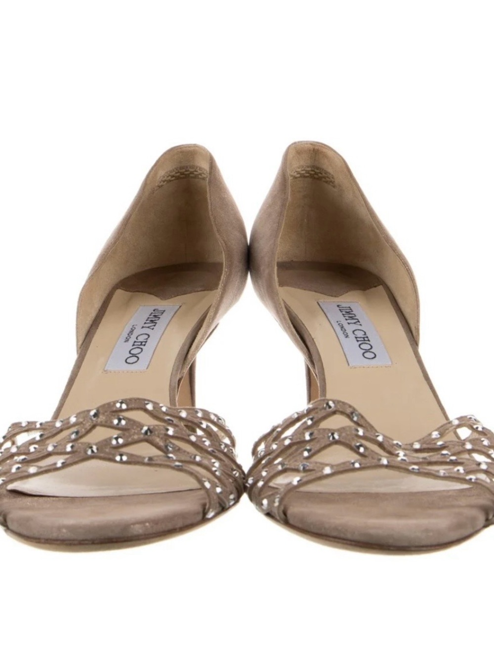 Jimmy Choo Taupe Suede D'Orsay Heels with Studded Strappy Toe